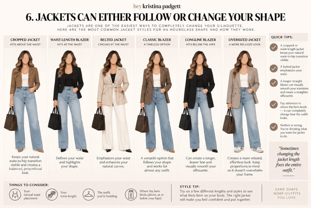Best jackets for an hourglass body shape including cropped, waist-length, belted, classic, longline and oversized jackets