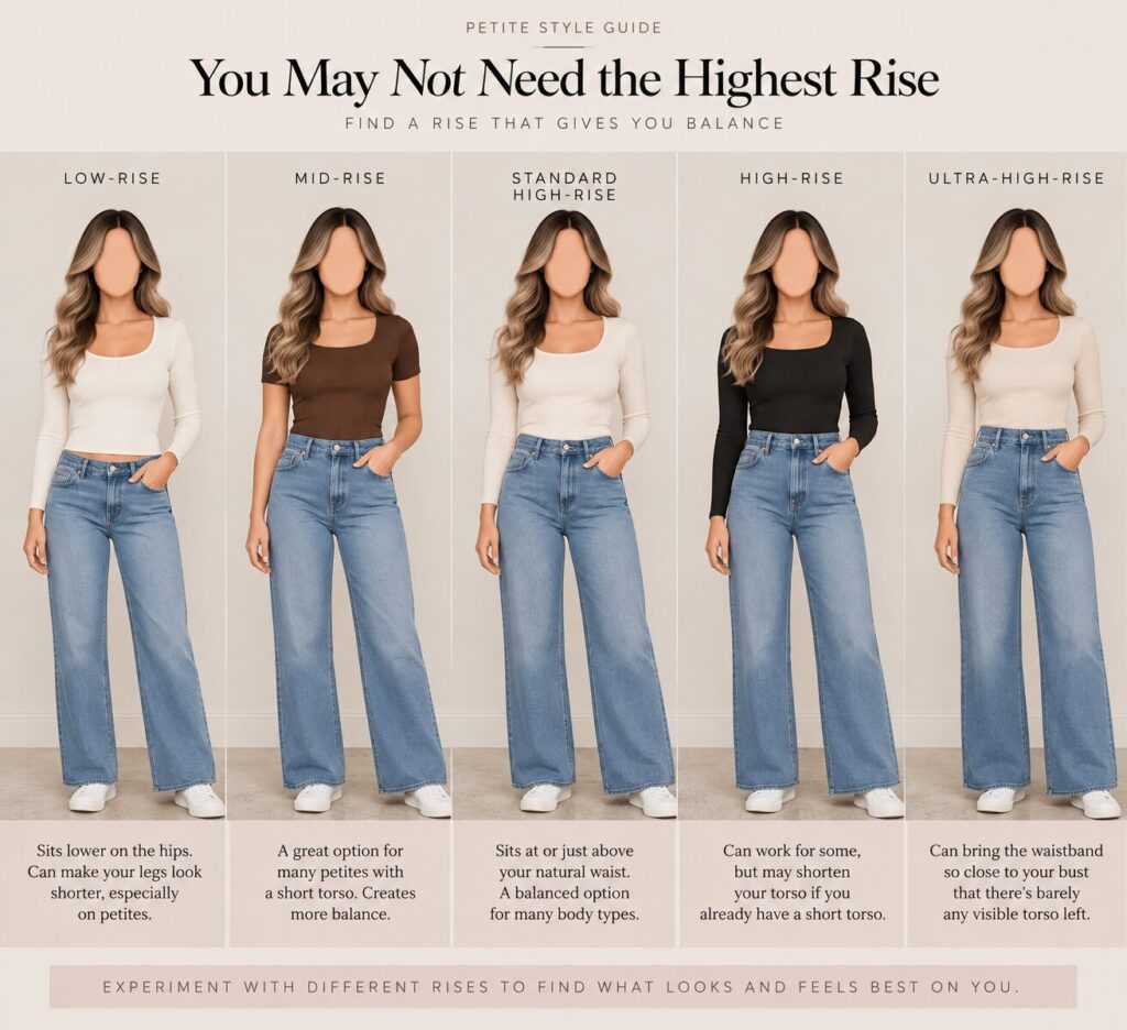 Petite short torso guide comparing low-rise, mid-rise, high-rise and ultra-high-rise jeans to show how rise affects body proportions.