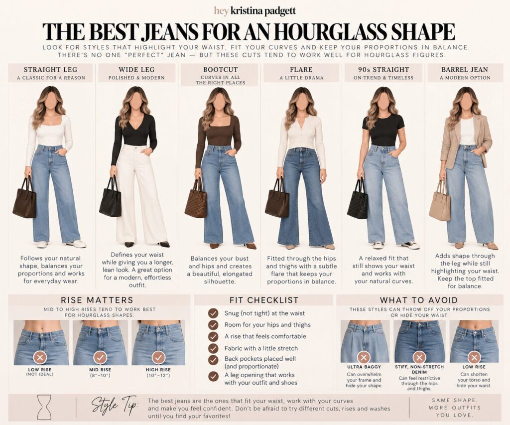 Best jeans for an hourglass body shape including straight leg, wide leg, bootcut, flare, 90s straight and barrel jeans