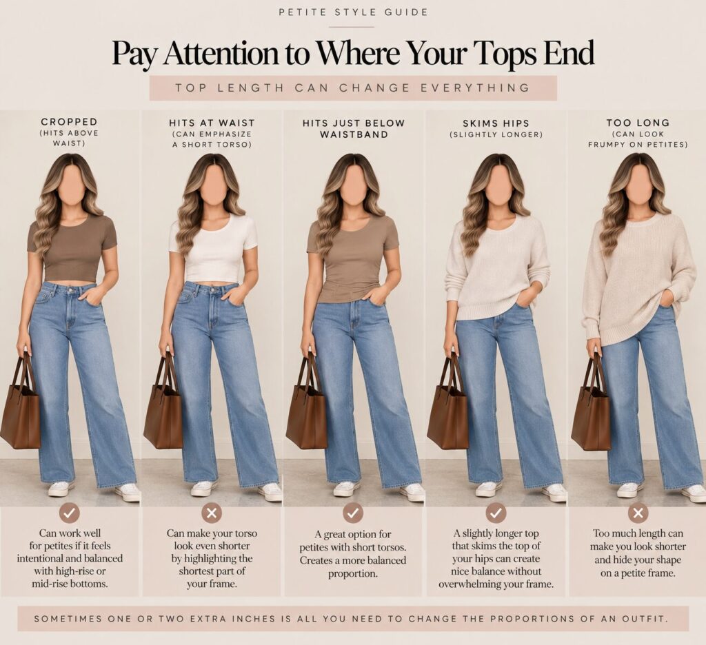 Petite short torso styling guide comparing different top lengths, from cropped and waist-length tops to tops that hit below the waistband and skim the hips.