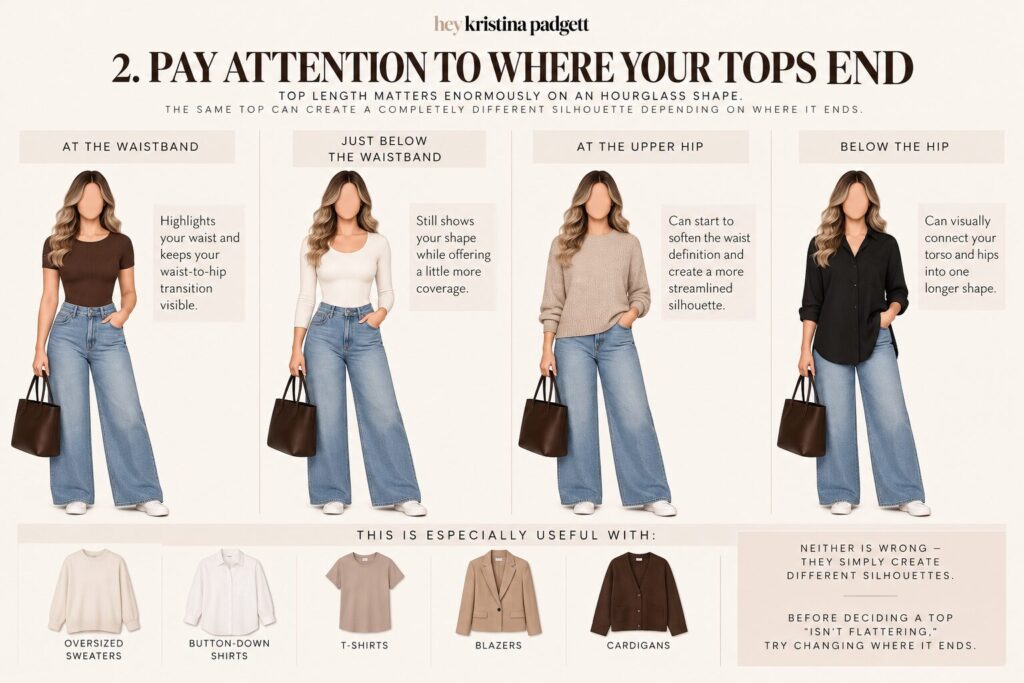 Hourglass body shape top length guide comparing tops that end at the waistband, below the waistband, upper hip and below the hip