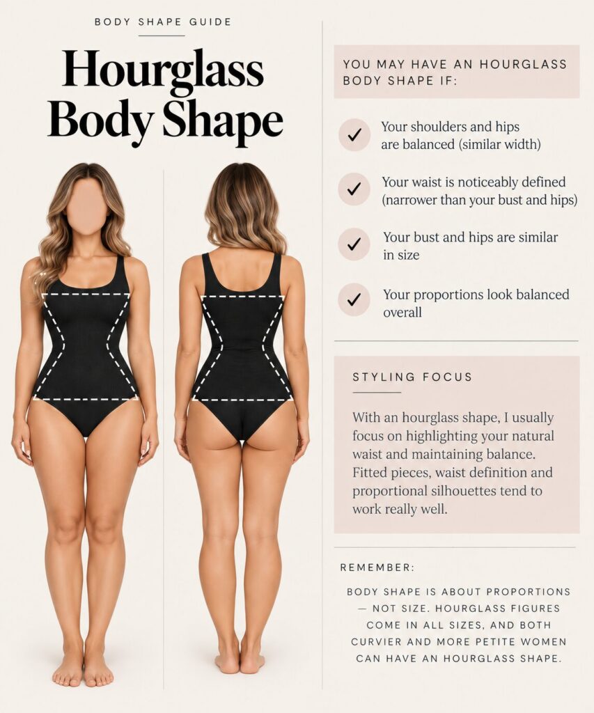 Hourglass body shape guide showing front and back proportions, common hourglass characteristics, and styling tips.