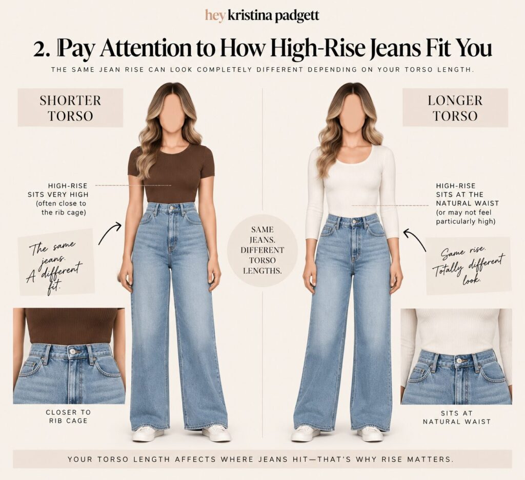 Short torso vs long torso comparison showing how the same high-rise jeans can sit closer to the rib cage on a short torso and at the natural waist on a long torso.