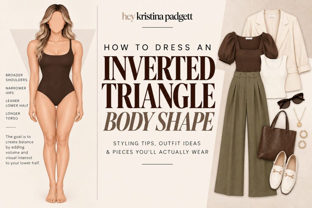 How to dress an inverted triangle body shape with broader shoulders, narrower hips and outfit ideas that add volume to the lower half
