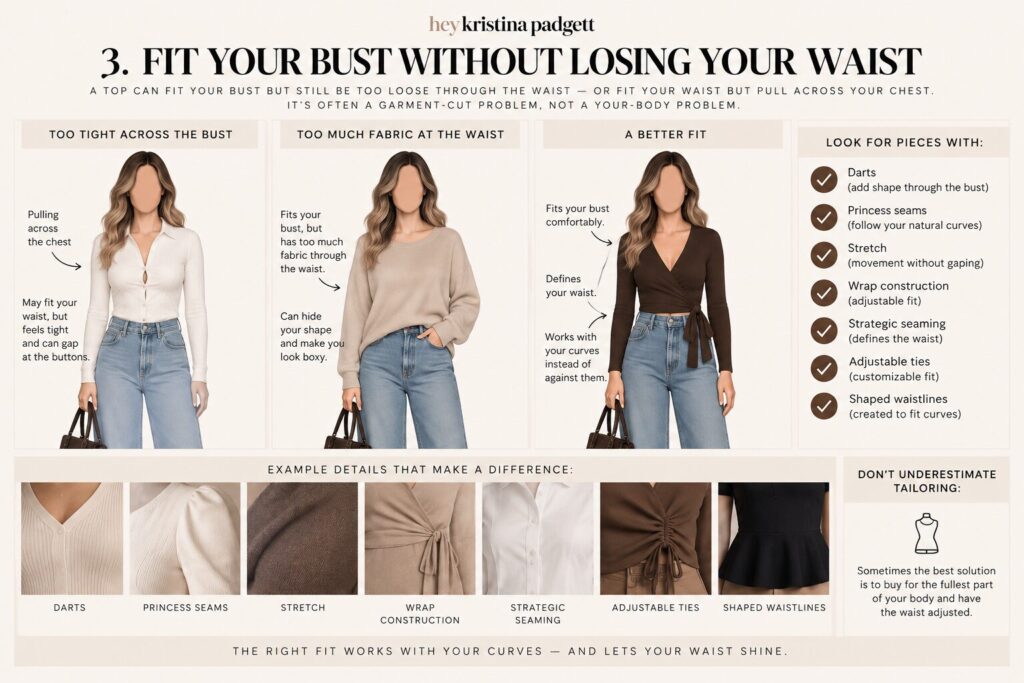 Hourglass body shape fit guide showing how to fit the bust without losing waist definition using darts, seams, stretch and wrap tops