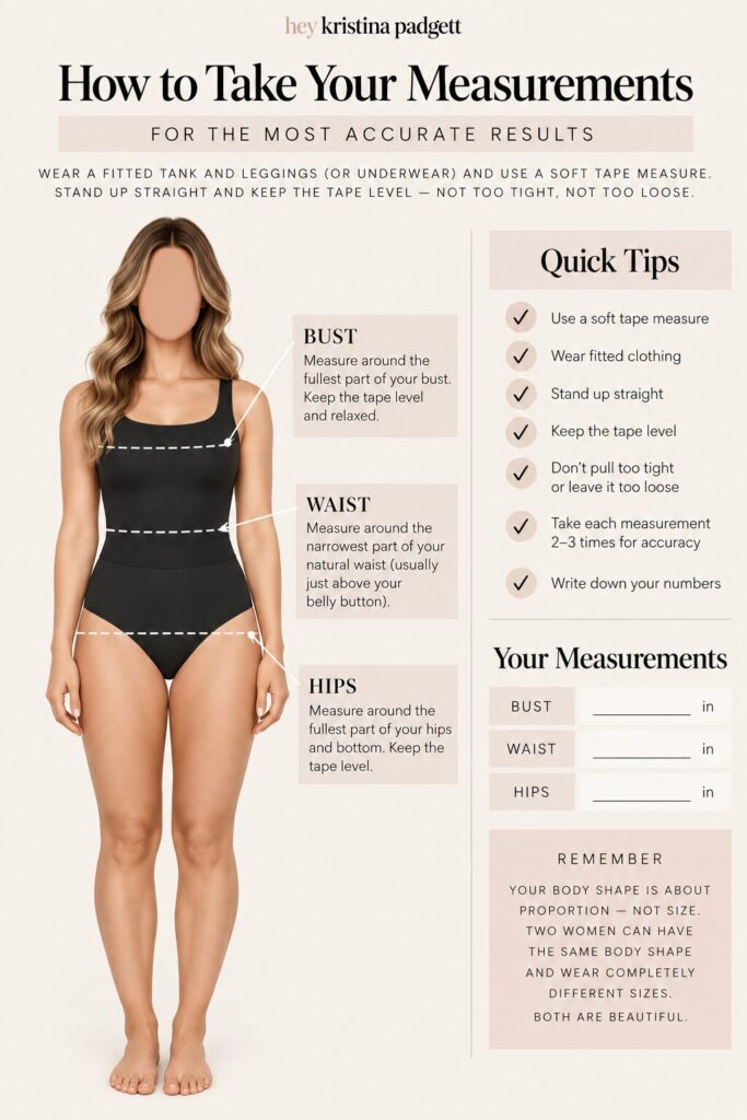 How to take body measurements for body shape, showing where to measure the bust, natural waist and fullest part of the hips.