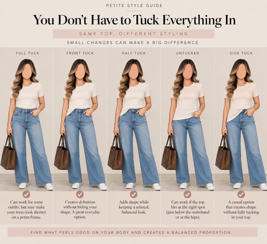 Petite short torso styling guide comparing a full tuck, front tuck, half tuck, untucked top and side tuck with wide-leg jeans.