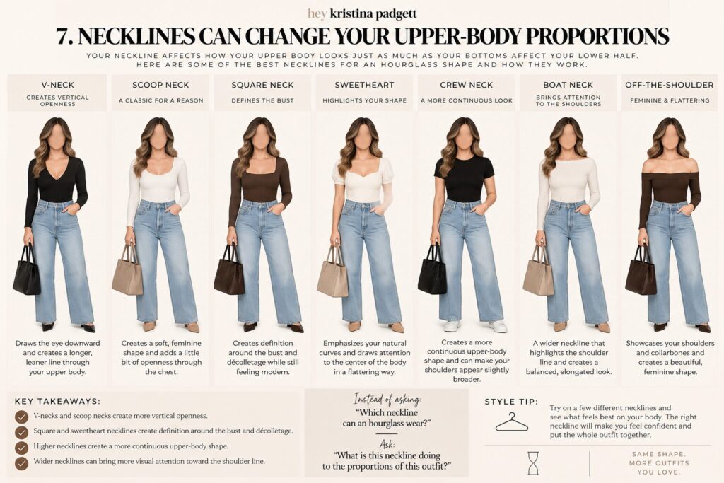 Necklines for an hourglass body shape including V-neck, scoop neck, square neck, sweetheart, crew neck, boat neck and off-the-shoulder styles
