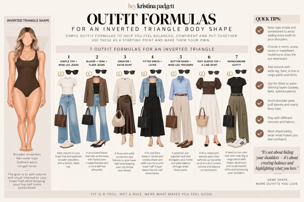 Outfit formulas for an inverted triangle body shape featuring wide-leg jeans, flare jeans, A-line skirts, wide-leg trousers and balanced outfit ideas