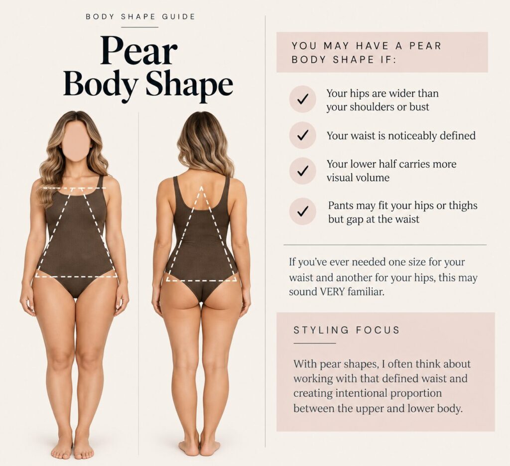 Pear body shape guide showing front and back proportions, common pear shape characteristics, and styling tips.