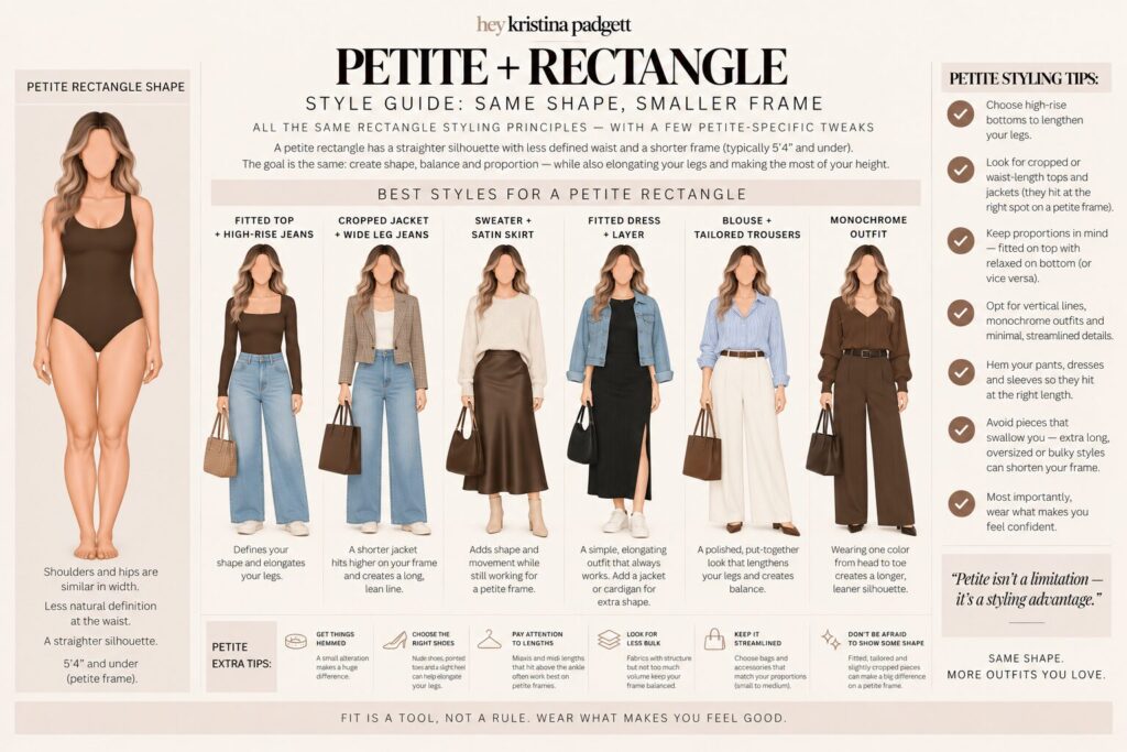 Petite rectangle body shape outfit ideas showing jean volume, top length, jackets, dresses and proportions for a smaller frame