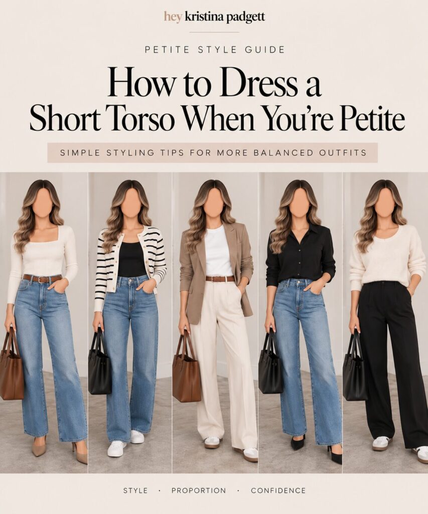 Petite short torso styling guide showing five outfit ideas with jeans, trousers, sweaters and blazers.
