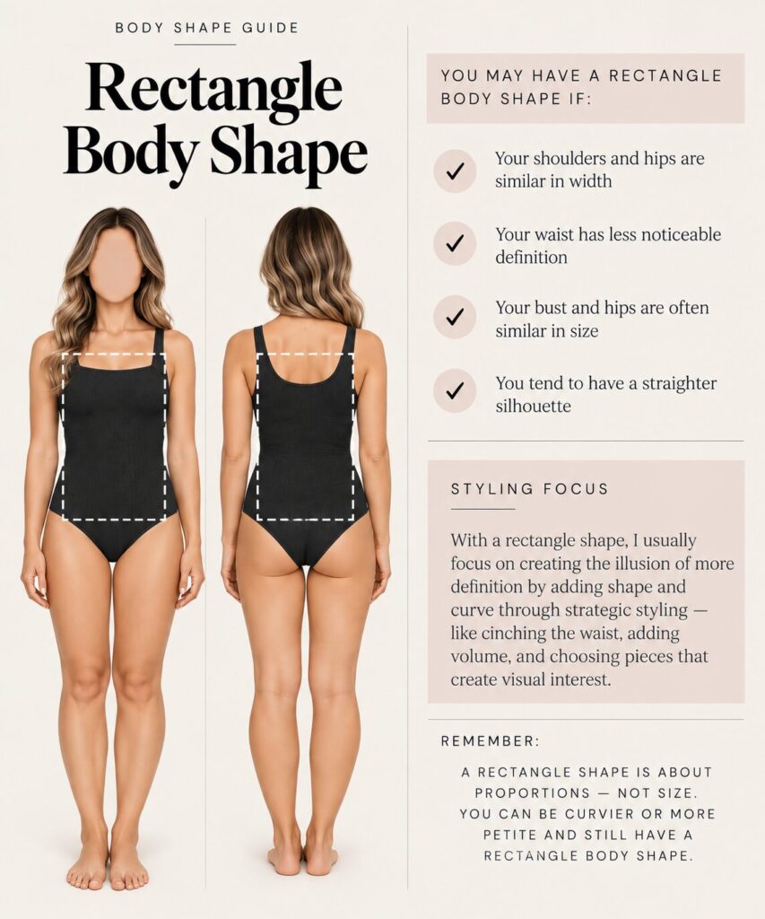 Rectangle body shape guide showing front and back views with shoulders, waist and hips similar in width.