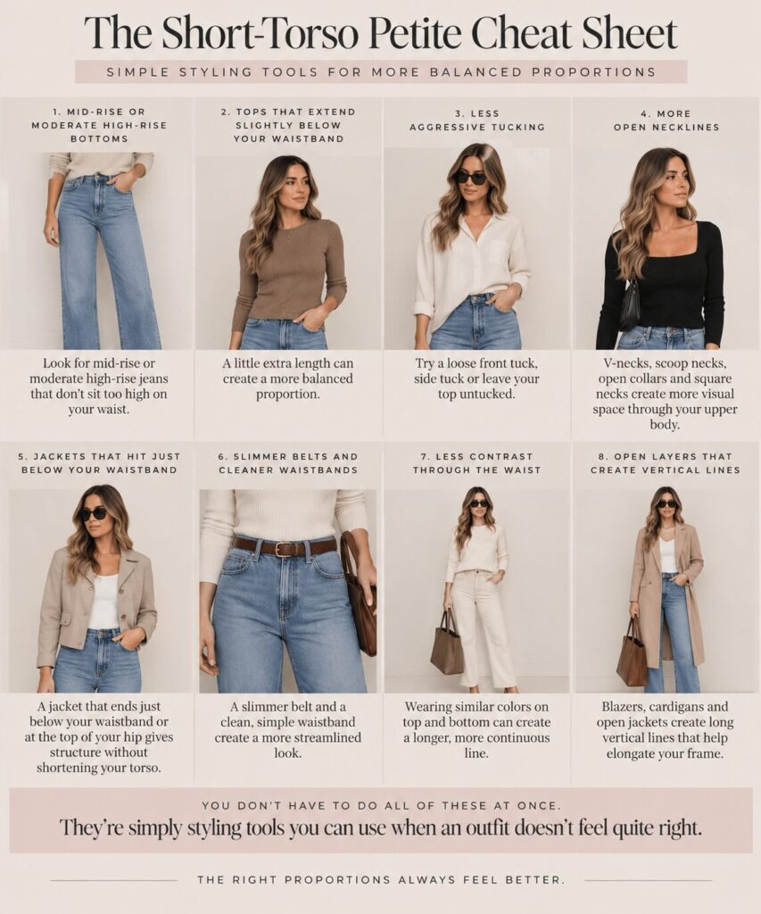Short-torso petite cheat sheet with eight styling tips for choosing jeans, tops, necklines, jackets, belts and layers for balanced proportions.
