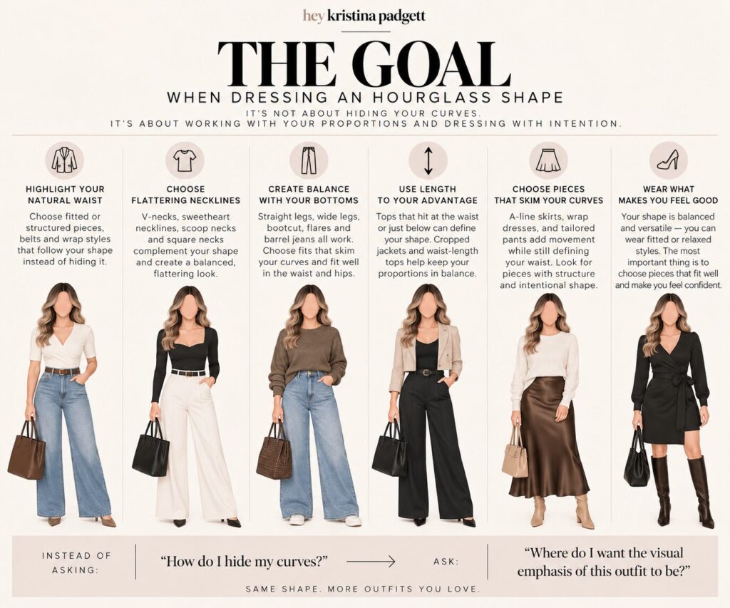 Hourglass body shape styling guide showing outfit ideas that highlight the waist, balance proportions and work with natural curves