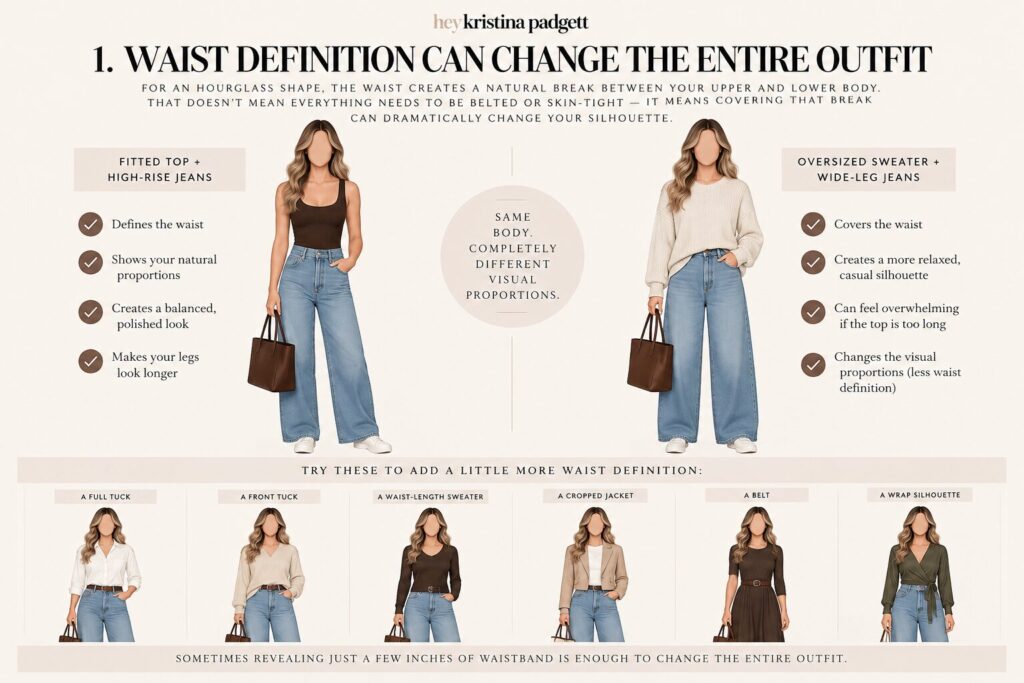 Hourglass body shape waist definition examples comparing fitted and oversized outfits with tucks, belts, cropped jackets and wrap silhouettes