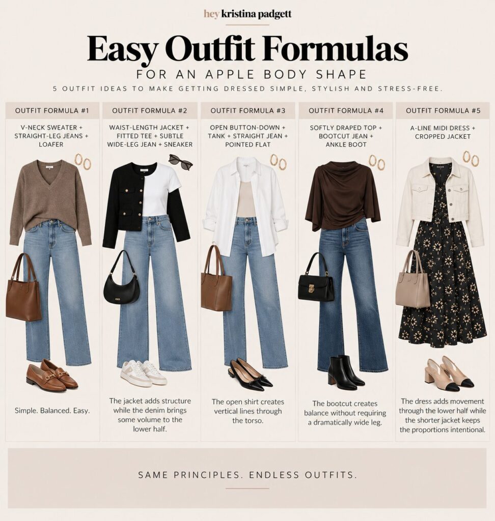 Five apple body shape outfit ideas with straight-leg jeans, wide-leg jeans, bootcut jeans, jackets and an A-line dress