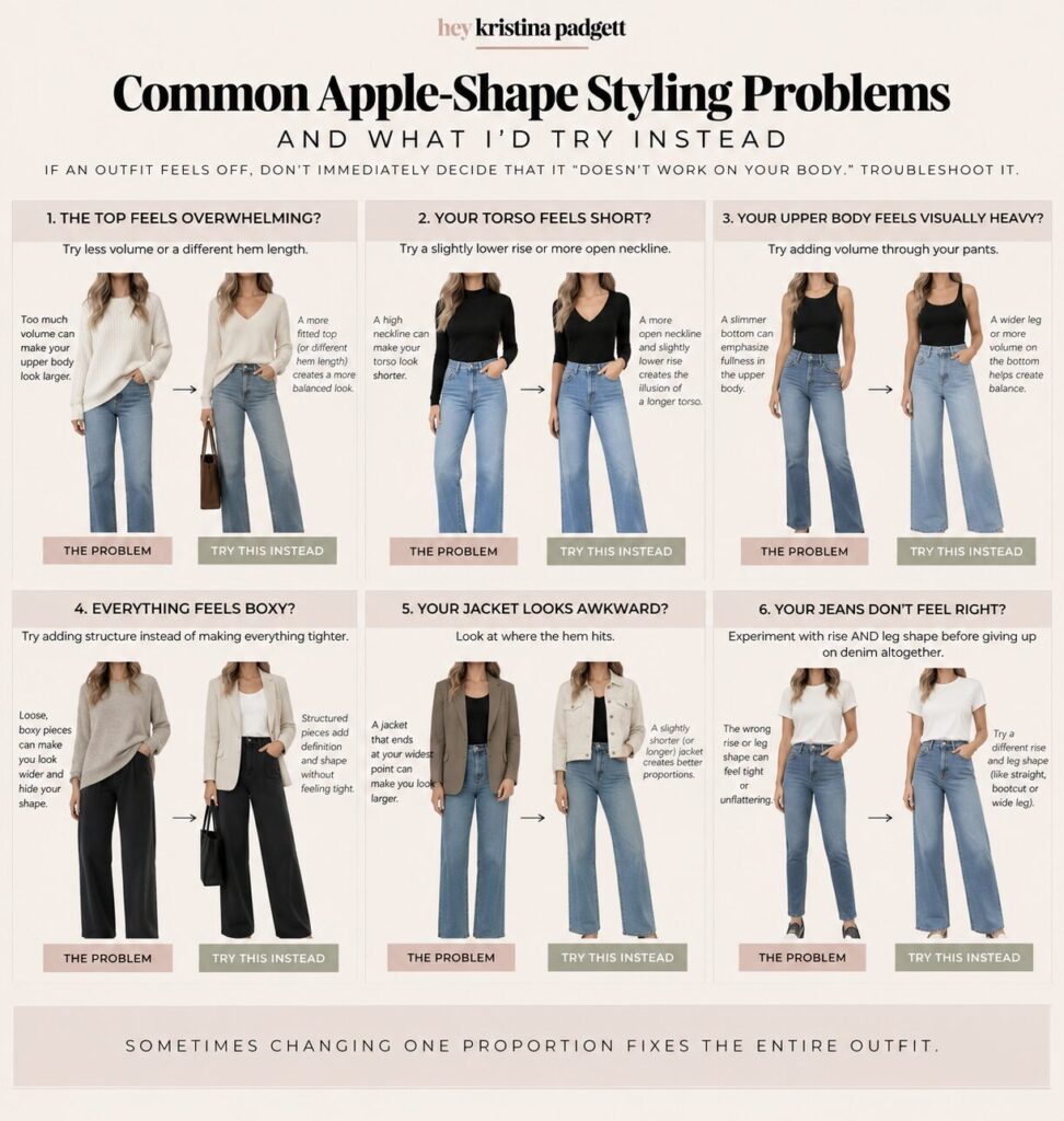Apple body shape outfit examples showing solutions for top length, torso proportions, pants, jackets and jeans