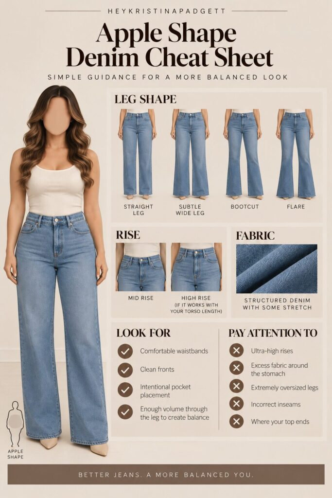 Apple body shape denim cheat sheet with recommended jean cuts, rises and fit tips