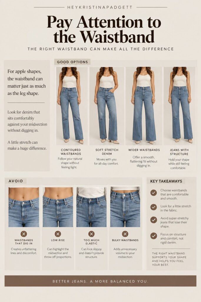 Jeans waistband guide for apple body shapes showing comfortable and structured waistband options