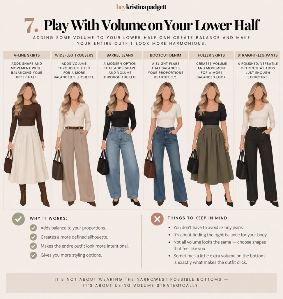 Bottom styles for an apple body shape including A-line skirts, wide-leg trousers, barrel jeans, bootcut denim and straight-leg pants