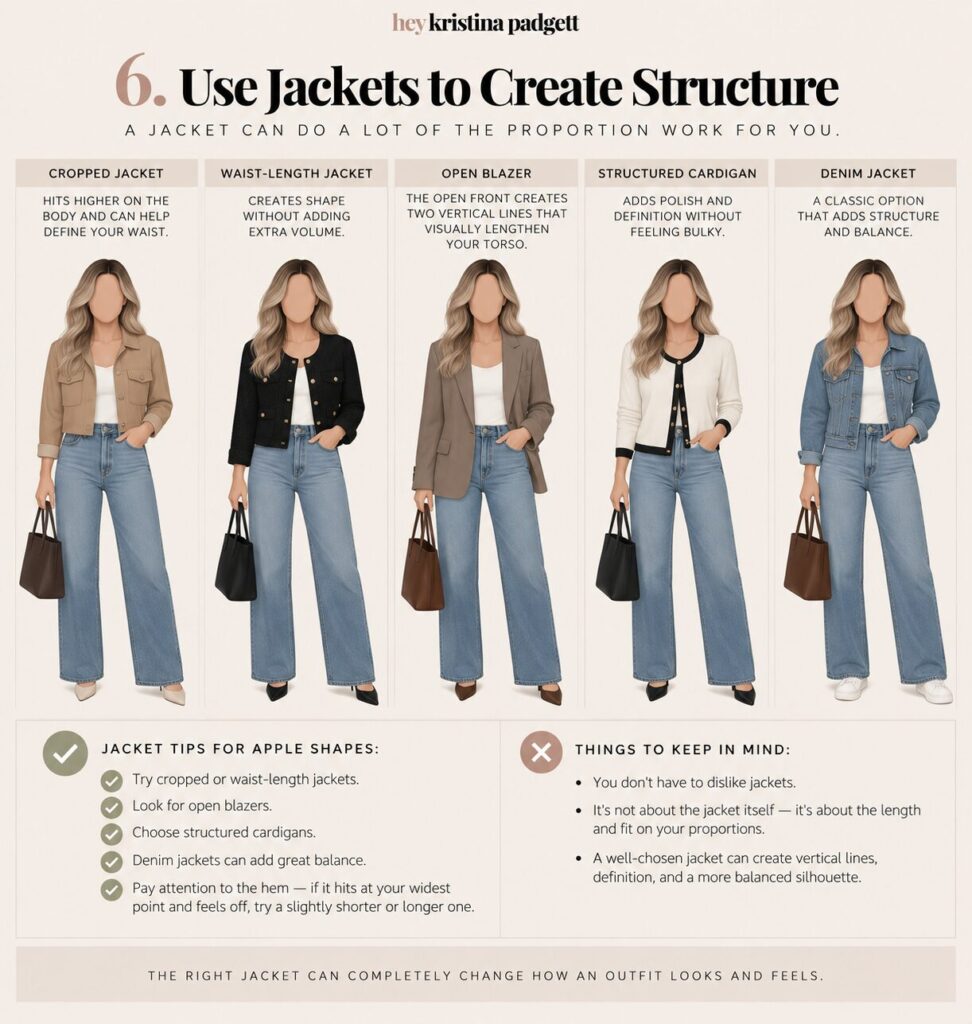 Jacket styles for an apple body shape including cropped, waist-length, open blazer, structured cardigan and denim jacket