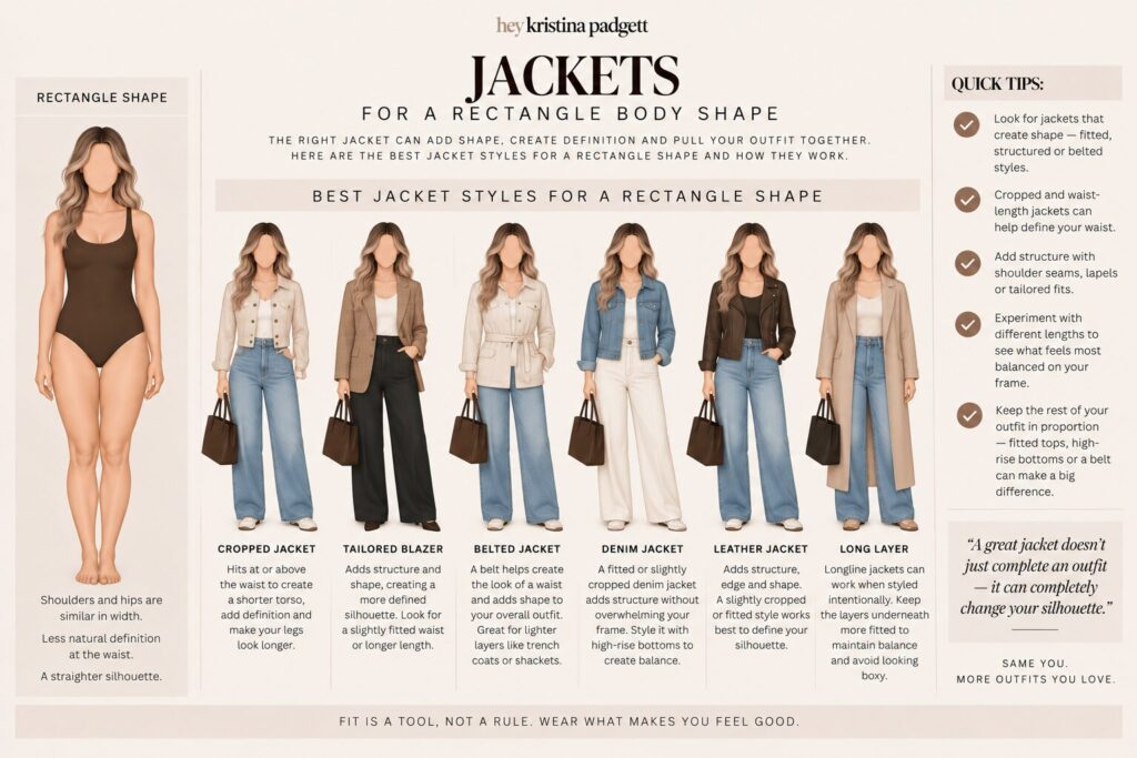 Best jackets for a rectangle body shape including cropped jackets, tailored blazers, belted jackets, denim jackets, leather jackets and long layers