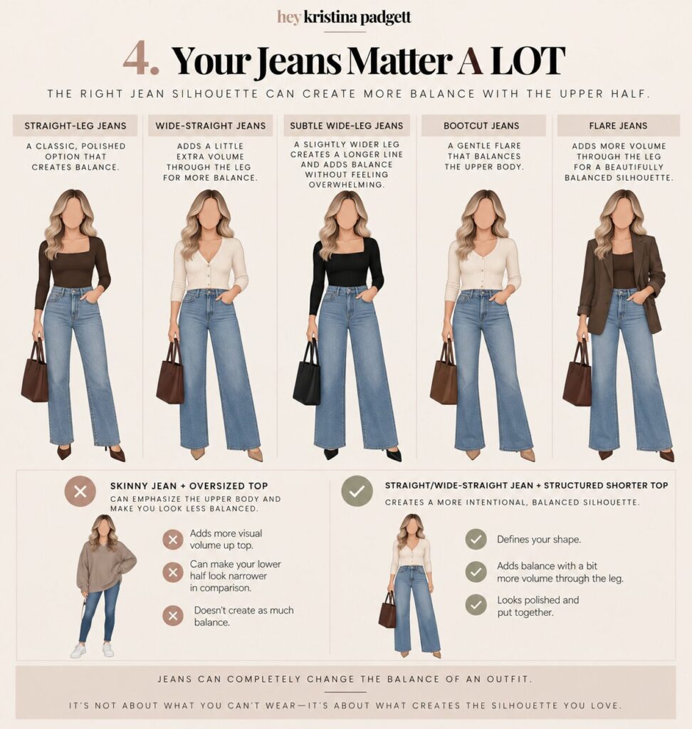 Best jeans for an apple body shape showing straight-leg, wide-straight, wide-leg, bootcut and flare styles