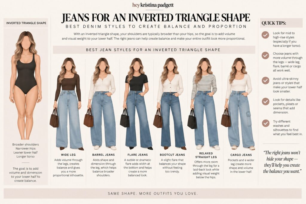 Best jeans for an inverted triangle body shape including wide-leg, barrel, flare, bootcut, relaxed straight-leg and cargo jeans