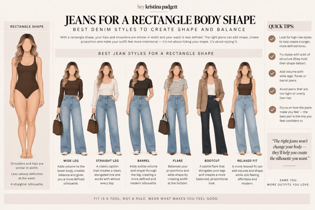 Best jeans for a rectangle body shape including wide-leg, straight-leg, barrel, flare, bootcut and relaxed-fit jeans