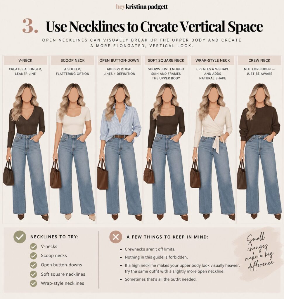 Neckline examples for an apple body shape including V-neck, scoop neck, open button-down, square neck and wrap styles