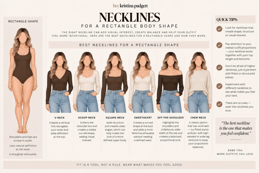 Necklines for a rectangle body shape including V-neck, scoop neck, square neck, sweetheart, off-the-shoulder and crew neck styles