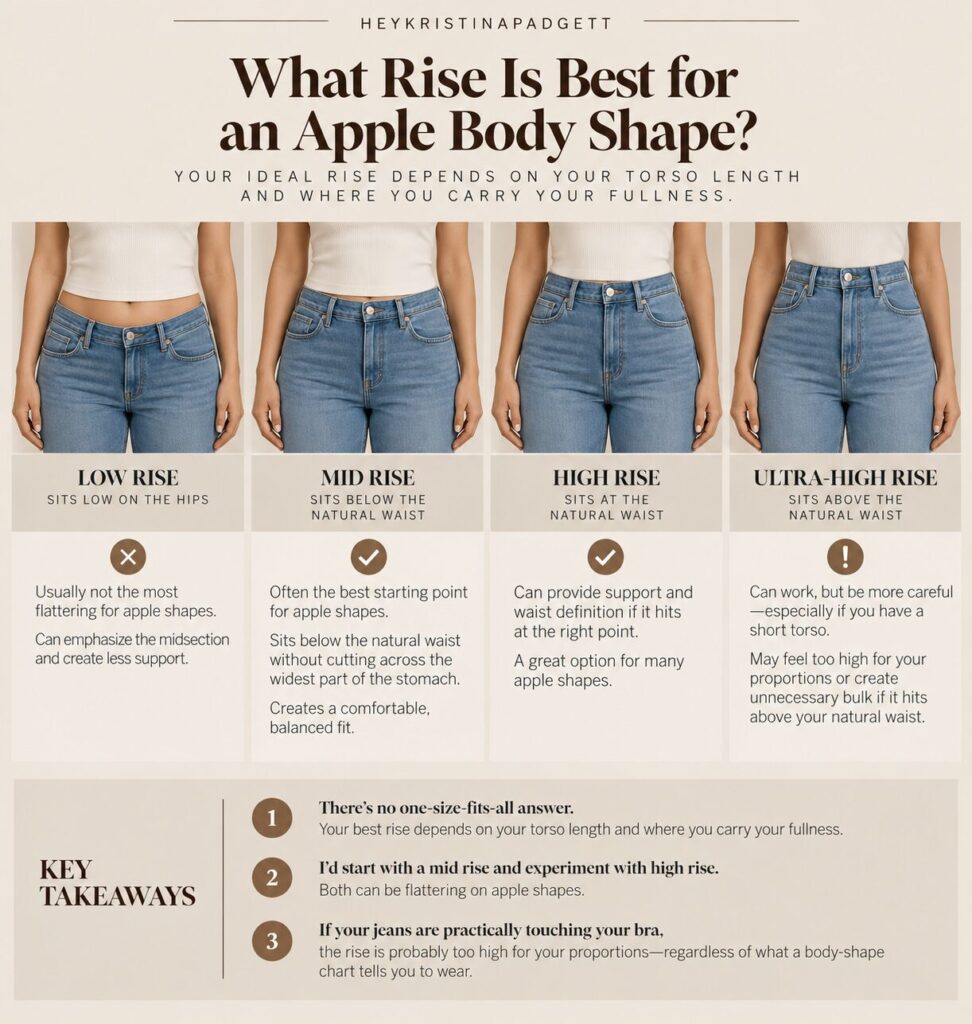 Low, mid, high and ultra-high rise jeans compared for an apple body shape