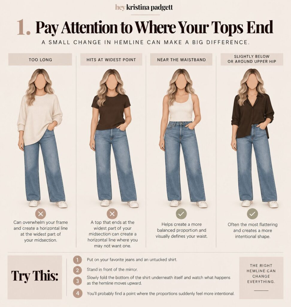 Apple body shape examples showing how different top lengths affect outfit proportions