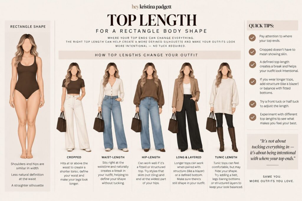 Rectangle body shape examples showing how cropped, waist-length, hip-length, long and tunic tops change outfit proportions