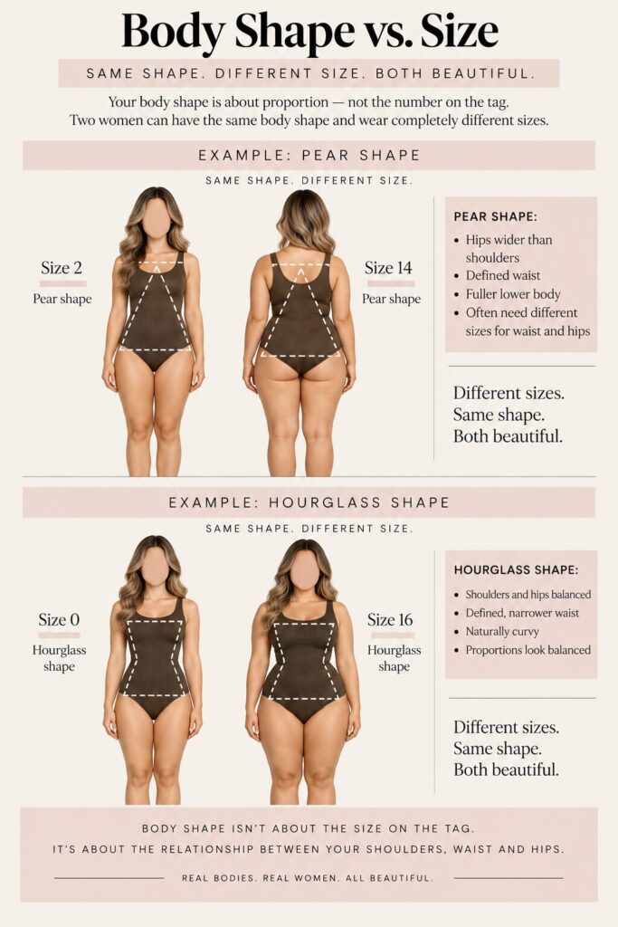 Body shape vs. clothing size guide showing pear and hourglass body shapes at different sizes to demonstrate that body shape is based on proportions, not size.