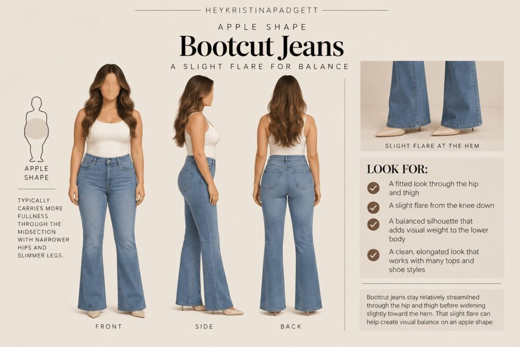 Bootcut jeans for an apple body shape shown from the front, side and back