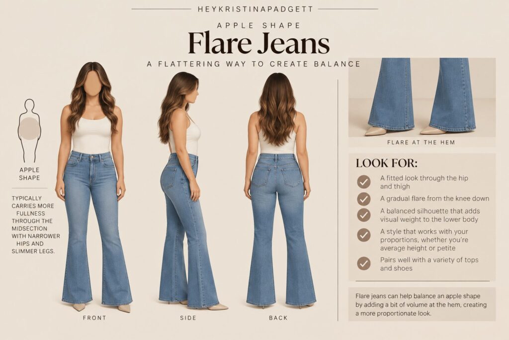 Flare jeans for an apple body shape shown from the front, side and back