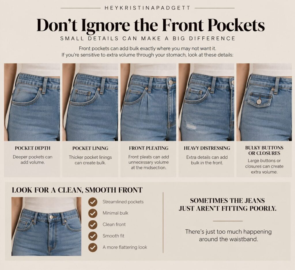 Front pocket details to look for when choosing jeans for an apple body shape