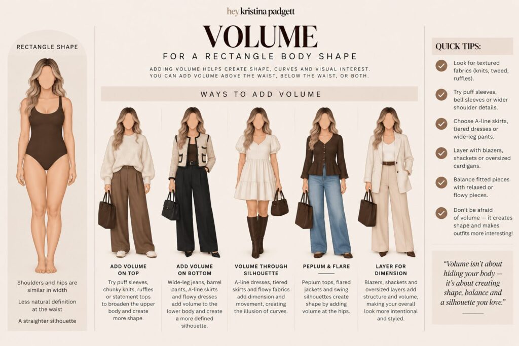 Rectangle body shape outfit examples showing how to add volume with wide-leg pants, statement sleeves, A-line silhouettes, peplum tops and layers