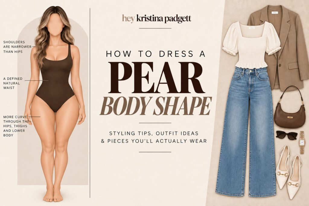 Pear body shape styling guide showing narrower shoulders, a defined waist, wider hips, and outfit ideas for dressing a pear-shaped figure.