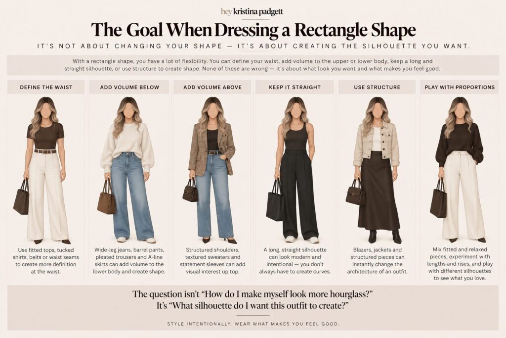 Rectangle body shape outfit examples showing waist definition, added volume, structure and straight silhouettes
