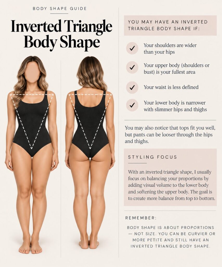 Inverted triangle body shape guide showing front and back views with shoulders wider than the hips and a narrower lower body.