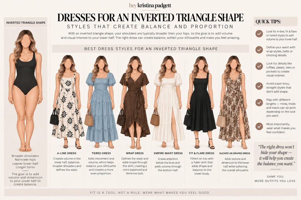 Best dresses for an inverted triangle body shape including A-line, tiered, wrap, empire waist, fit-and-flare and draped dresses