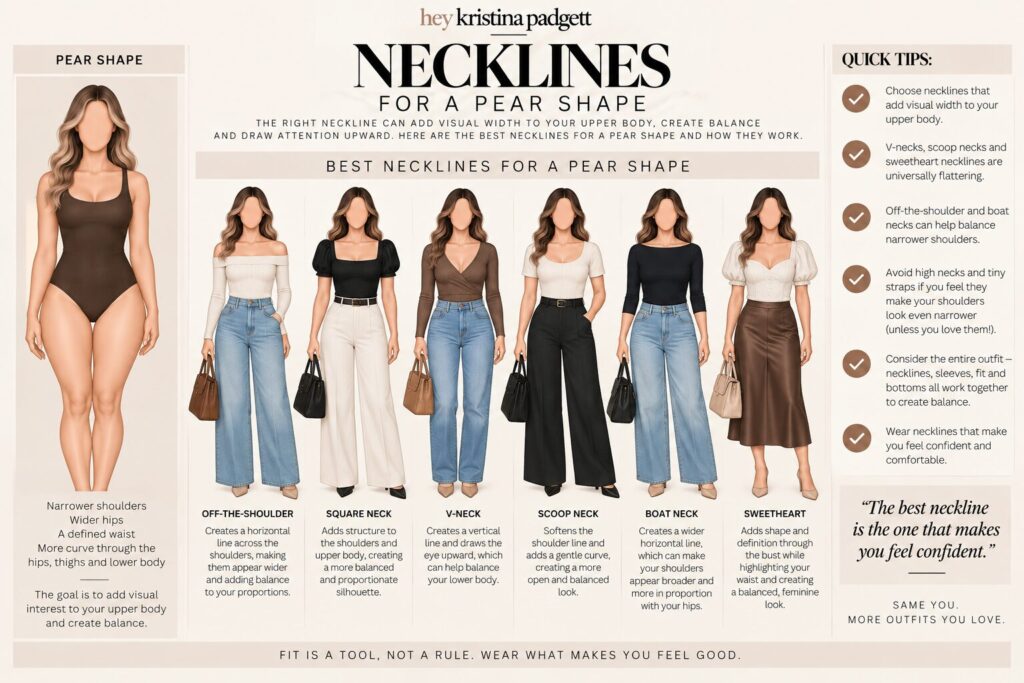 Pear body shape neckline guide showing six flattering neckline styles, including off-the-shoulder, square neck, V-neck, scoop neck, boat neck, and sweetheart neck, modeled on women with narrower shoulders, defined waists, and wider hips.