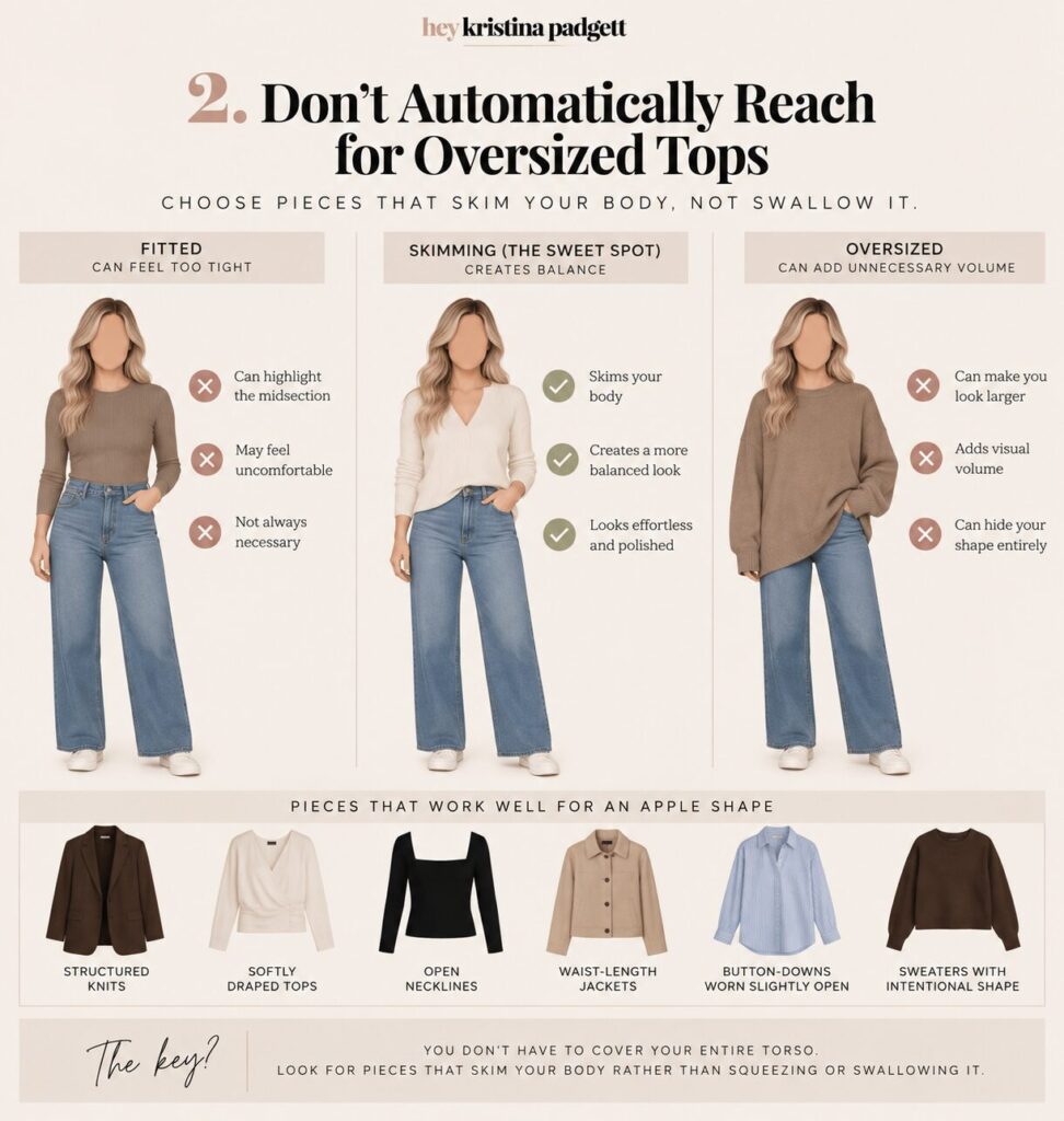 Apple body shape examples comparing fitted, body-skimming and oversized tops