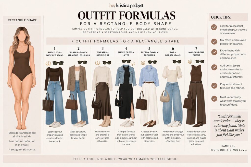 Seven rectangle body shape outfit ideas with wide-leg jeans, blazers, skirts, dresses, trousers and barrel jeans