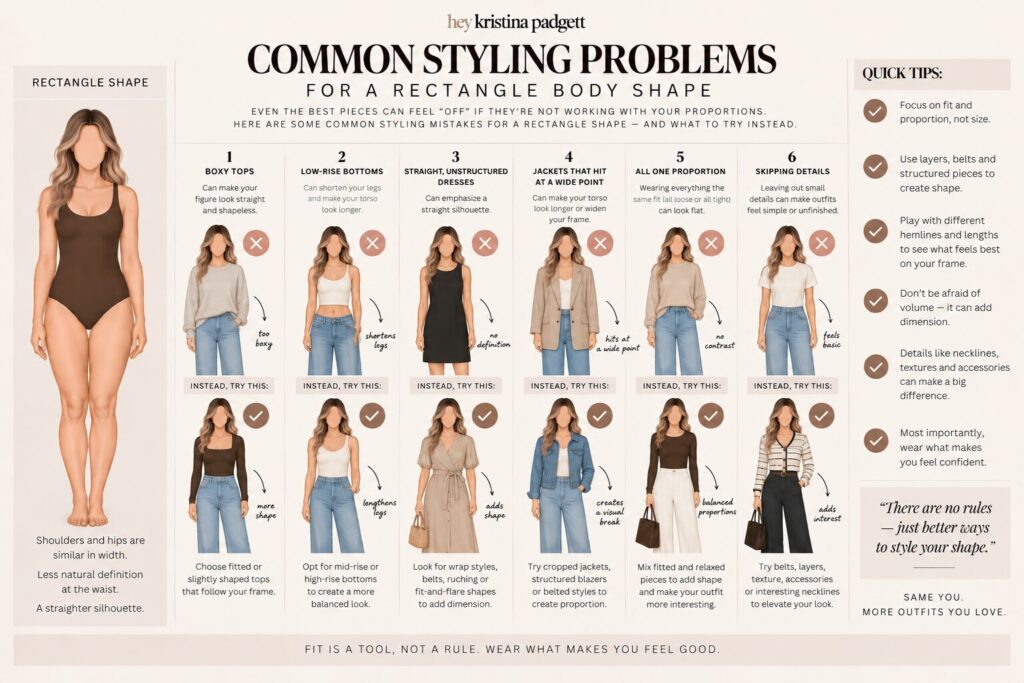Rectangle body shape outfit examples showing common styling problems and adjustments for tops, jeans, dresses, jackets and proportions