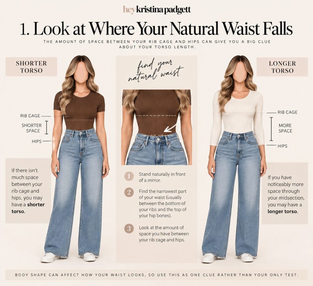 Short torso vs long torso comparison showing how to find your natural waist and compare the space between your rib cage and hips.
