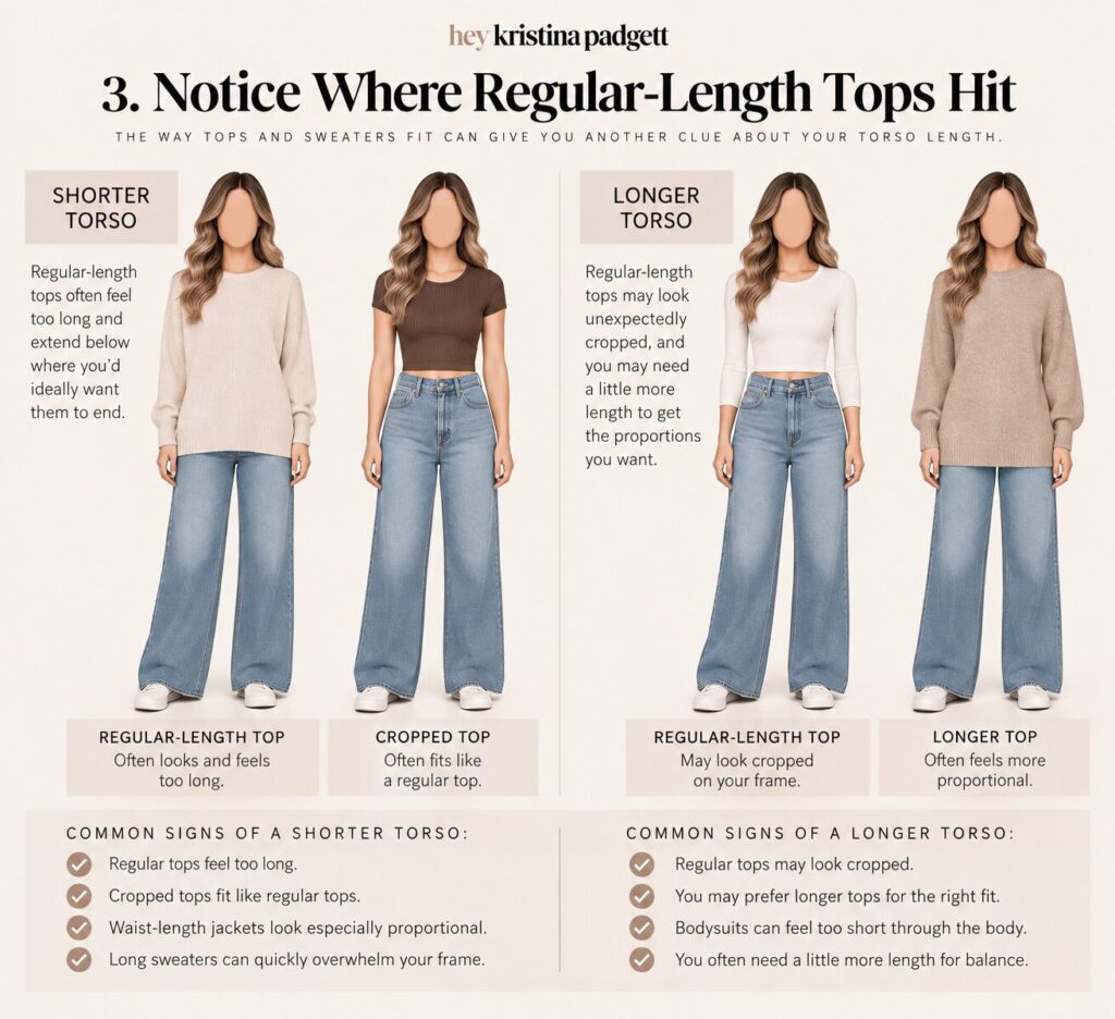 Short torso vs. long torso comparison showing how regular-length, cropped and longer tops fit differently depending on torso proportions.